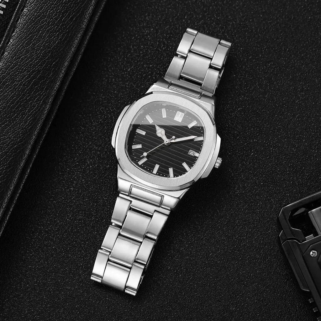 Luxury Men Business Watches Fashion Square Dial Stainless Steel Strap Quartz Watch with Calendar For Mens Clock（Without Box）