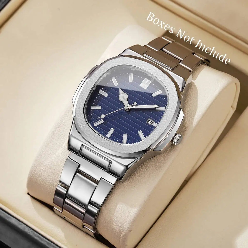 Luxury Men Business Watches Fashion Square Dial Stainless Steel Strap Quartz Watch with Calendar For Mens Clock（Without Box）