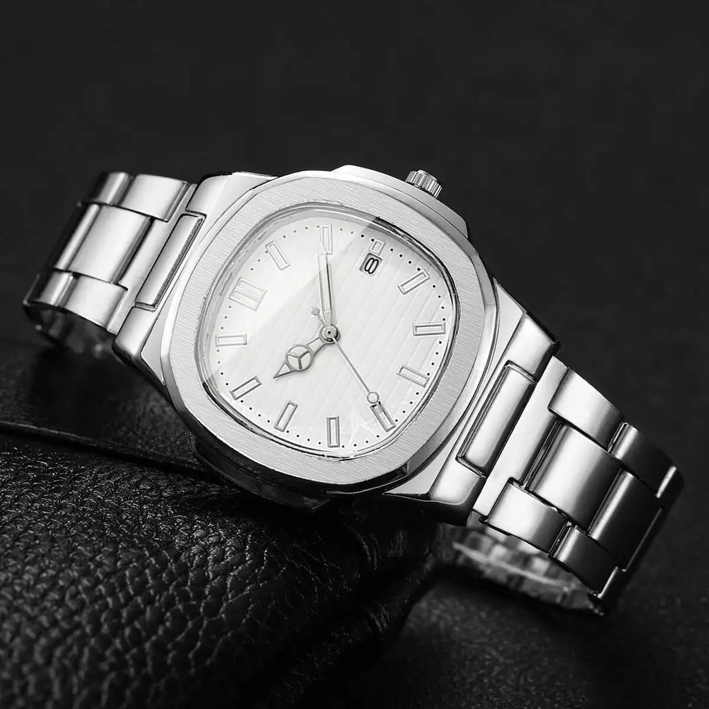 Luxury Men Business Watches Fashion Square Dial Stainless Steel Strap Quartz Watch with Calendar For Mens Clock（Without Box）